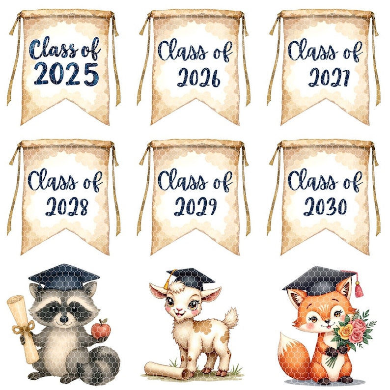 Watercolor Graduation Animals Clipart | 2025 2026 2027 2028 2029 2030 | Transparent PNGs | Caps, Scrolls & Quotes | Class of Celebration image 3