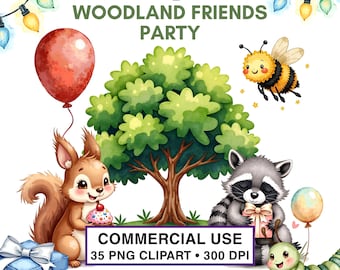 Wald Geburtstag Clipart | Aquarell Waldtiere PNG (Digitaler Download)