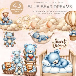 Rêves d'ours bleus 43 Clipart aquarelle bébé ours PNG | Illustrations aquarelles pour chambre d'enfant, lune, nuages et montgolfières