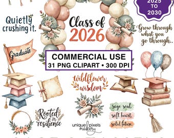 Clipart de graduación boho acuarela PNG / Gorras, globos, flores / Clase de 2025, 2026, 2027, 2028, 2029, 2030 / Decoración de graduación DIY / Diploma