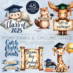 Aquarelle animaux de remise des diplômes | De la pompe, des pattes et des circonstances | PNG transparents | Casquettes, parchemins et citations | Célébration de la promotion 2025