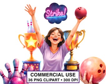 Clipart de bolos de neón en acuarela PNG / Señales de huelga, bolos, trofeos, fiesta de cumpleaños / USO COMERCIAL