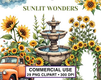 Granja de girasoles (imágenes prediseñadas PNG) / Jardín rústico de acuarela (uso comercial)