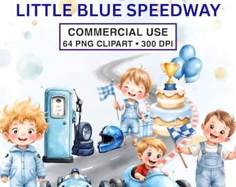 Paquete de imágenes prediseñadas PNG de cumpleaños de carreras vintage / Autos de carreras azules clásicos, cascos y decoración para fiestas / USO COMERCIAL