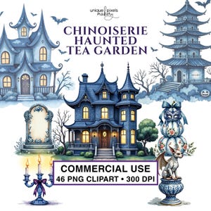 Halloween Clipart Chinoiserie Transparente PNG | Haunted Toile Teegarten | Kommerzielle Nutzung | Gothic Aquarell | Sofortiger digitaler Download