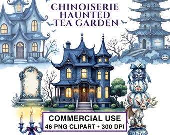 Halloween Clipart Chinoiserie Transparent PNG  | Haunted Toile Tea Garden | Commercial Use | Gothic Watercolor | Instant Digital Download