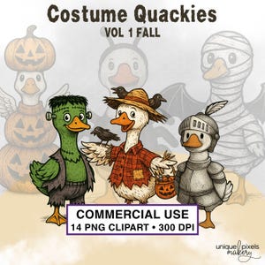 Pacote de imagens PNG de gansos em aquarela para o Halloween | Fantasias fofas de ganso para o outono | Imagens de animais com fundo transparente para convites, adesivos e artesanato
