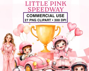 Chica de carreras de coches Clipart PNG / Decoración de fiesta de cumpleaños de carreras vintage rosa acuarela / USO COMERCIAL