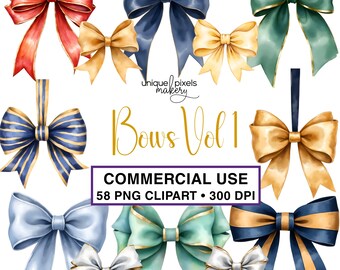 Lazos de cinta de satén Clipart Acuarela PNG transparente / Elegante juego de lazos de regalo para invitaciones / USO COMERCIAL