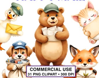 Clipart de animales de correo feliz acuarela PNG / Animales del bosque con sobres / Gráficos de papelería para guardería