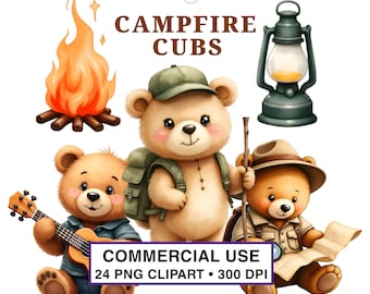 Camping Bear Clipart PNG | Cute Watercolor Adventure Bears | Campfire Animals Digital Download | Kids Party Invitations | Commercial Use