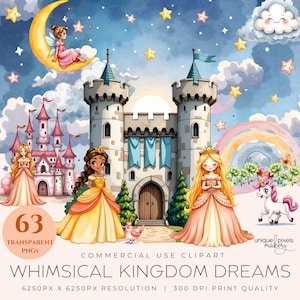Grillige Kingdom Dreams 63 aquarel clipart png | Prinsessen | Fantasie | Kasteel | Eenhoorn | Maan | Magische luchten | Sprookje | Bloemen