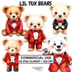 Posh Baby Tuxedo Bears PNG Clipart | Teddy Bears in Red Suits Tuxedos Bow Ties | Watercolor Baby Shower Invitations & Decor COMMERCIAL USE