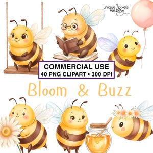 May include: Watercolor illustrations of cartoon bees in various poses. One bee is on a swing, another reading a book, and another holding a balloon. The image includes the text "Bloom & Buzz" and "Commercial Use 40 PNG Clipart 300 DPI".
