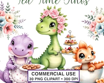 Paquete de imágenes prediseñadas de dinosaurios para la fiesta del té / Dinosaurios bebés pastel, tazas de té, macarrones, flores / USO COMERCIAL