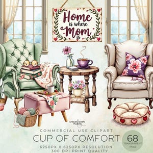 Imágenes prediseñadas de un hogar acogedor en acuarela / Relájese con comodidad / Tazas de té / Flores / Sillones / Día de la Madre / Decoración de taza de té estilo cottagecore PNG