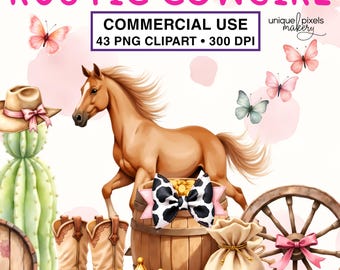 Clipart de vaquera occidental en acuarela PNG transparente / Elementos de rodeo rústicos para invitaciones y arte mural / USO COMERCIAL