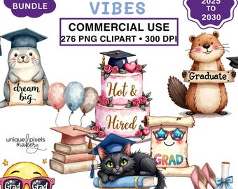 Paquete de graduación Clipart Acuarela PNG para decoración de graduación / Grad Boho Animales Citas Groovy Invitación 2025 2026 2027 2028 2029 2030