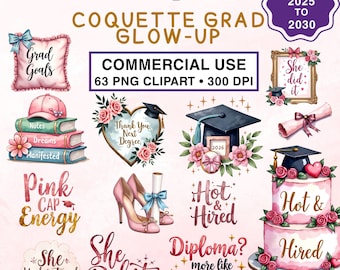 Coquette Bows Grad Glow-Up Clipart Watercolor PNG for Graduation Decor | Girly Senior Party | Career Celebration | 2026 | Diploma Heels