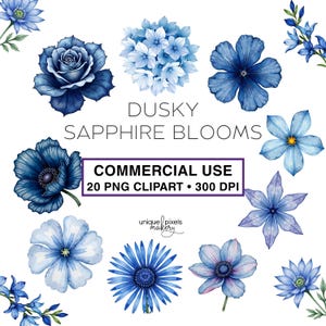 Blue Flower Watercolor Sapphire PNG Clipart | Dusky Blue Floral Digital Download | COMMERCIAL USE