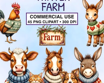 Clipart de acuarela de animales de granja de invierno PNG transparente / Uso comercial