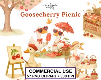 Clipart de picnic de ganso y cereza / Escenas de verano caprichosas (57 PNG)
