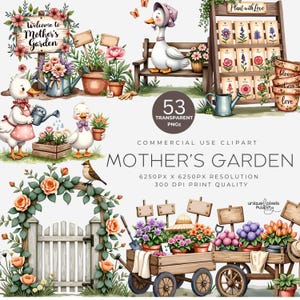 Frühlings-Gartenarbeit Clipart PNG - Wunderliche Mutter Garten mit rustikalen Vintage-Werkzeugen | Schmetterlinge | Enten | Kleider | Blumen | Liebe