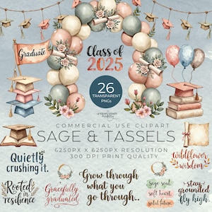 Aquarell Boho Abschlussfeier Clipart - 26 PNGs | Pastell Kappen Luftballons Florals Zitate | Jahrgang 2025 Bündel | DIY Abschluss Dekor | Diplom