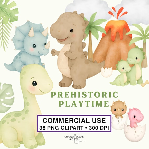 Baby Dinosaur Clipart Transparent PNG | Watercolor Dino with Jungle Plants, Volcano, Palm Trees, Hatching Eggs