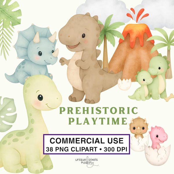 Dinosaurio bebé clipart PNG transparente / Dinosaurio acuarela con plantas de la selva, volcán, palmeras y huevos para incubar