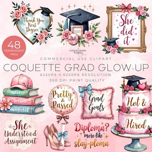 Kokette Bögen Grad Glow-Up-Clipart 65 Aquarell PNG für Abschluss Dekor | Girly Seniorenparty | Karriere-Feier | Zitat | Diplom-Heels