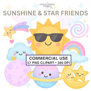 May include: A digital illustration featuring a smiling sun wearing sunglasses, a shooting star, a rainbow, a cloud, a planet with rings, a crescent moon, and stars. The text "Sunshine & Star Friends" is at the top.