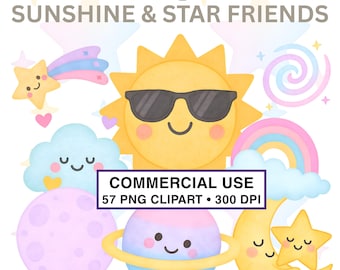 Sol, estrellas, nubes y arcoíris Clipart Acuarela PNG / USO COMERCIAL