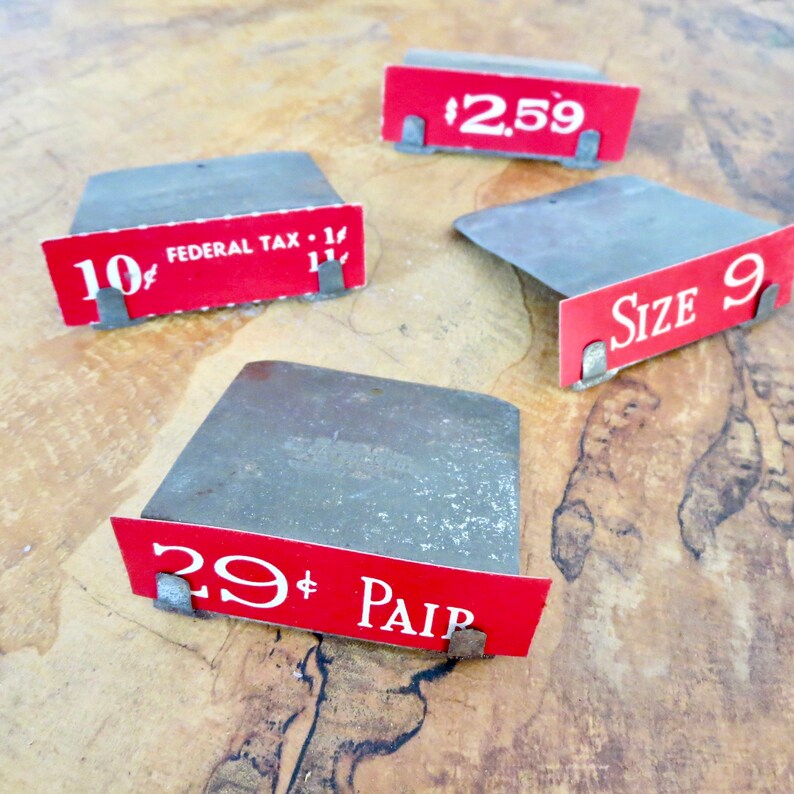 price labels for vintage display general store memorabilia red 5 and dime store tags 4 Vintage Woolworth store tags with tin holders