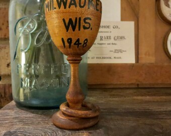 Vintage folk art egg cup with captive ring/ handmade whimsey Milwaukee Wisconsin '48 souvenir/ Collectible treen ware/ Lathe turned wood cup