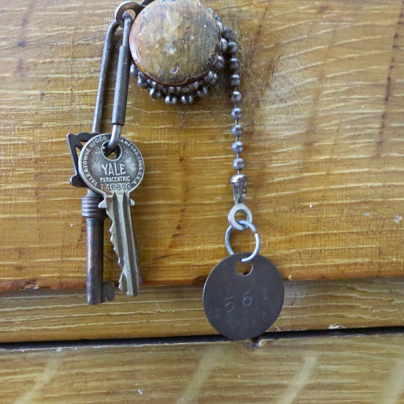 Vintage key chain with brass locker tag 561 and skeleton key Etsy