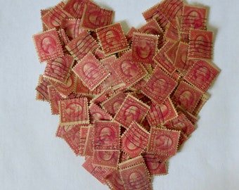 100+ vintage 2 cent red Washington postage stamps, cancelled and unsorted, faded, used and imperfect, old 1920's red USA postage stamps