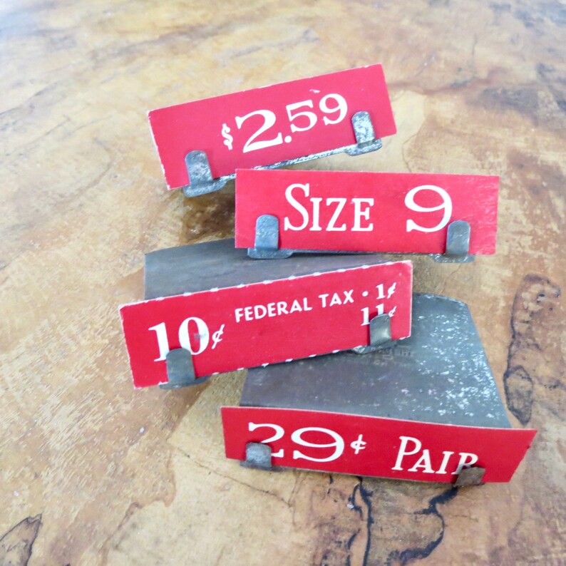 price labels for vintage display general store memorabilia red 5 and dime store tags 4 Vintage Woolworth store tags with tin holders