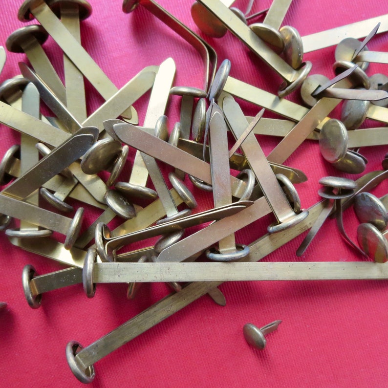 50 vintage brass paper fasteners in vintage box / Variety of Etsy