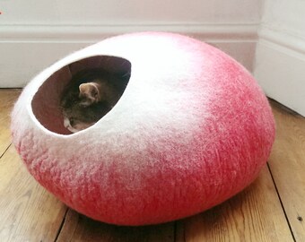 Fühlte mich Katze Höhle / cat Bett - handgemacht - rot/weiß - S/M/L