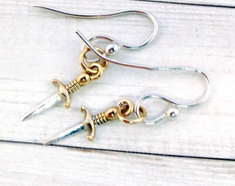 Silver Sword Earrings, Silver and Gold Sword Dangles, Bronze and Sterling Sword Jewelry, Knife Earrings, Dagger Earrings, Fantasy Jewelry