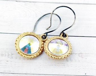 Round Bezel Set Gold Swarovski Crystal Earrings, Short Crystal Dangles, Mixed Metal Prism Drops, Rivoli Crystal Earrings for Birthday