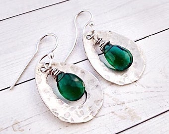 Sterling Silver Teardrop Metal Earrings with Emerald Green Quartz, Silver Green Gemstone Statement Dangles, Holiday Jewelry, May Birthstone