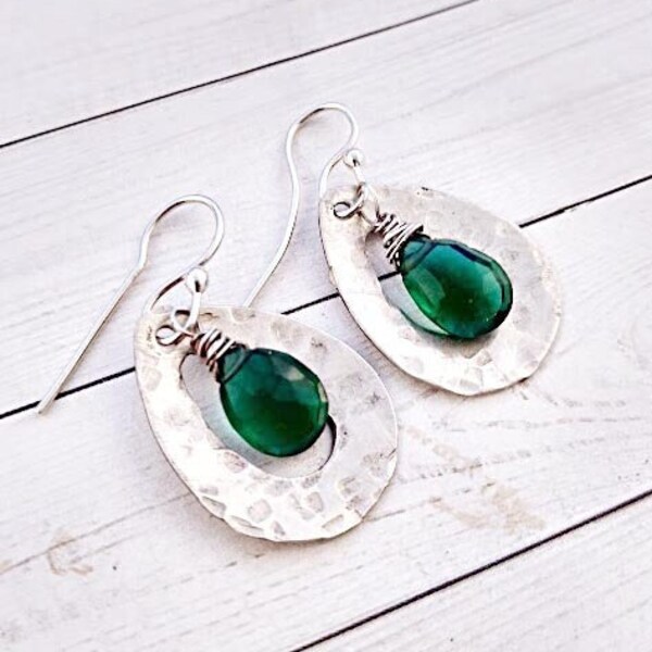 Sterling Silver Teardrop Metal Earrings with Emerald Green Quartz, Silver Green Gemstone Statement Dangles, Holiday Jewelry, May Birthstone