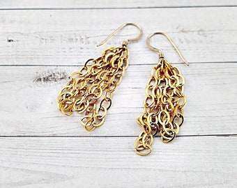 Gold Tassle Drop Earrings, Chain Link Tassel Dangles, Fringe Earrings, Rock and Roll Jewelry with 14K Gold Fill Ear Wires, Gift for Her