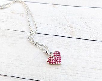 Pink Heart Necklace, Sterling Silver Tiny Heart Jewelry, Valentines Love Necklace, Small Layering Rose Pink Heart Chain, Gift for Her Wife