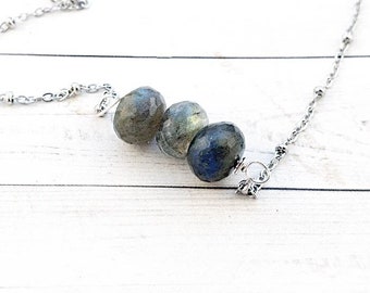 Labradorite Bar Necklace, Dusky Gray Blue Gemstone Choker, Layering Necklace, Silver Chain Flashy Blue Stone Jewelry, Chunky Bar Stacked