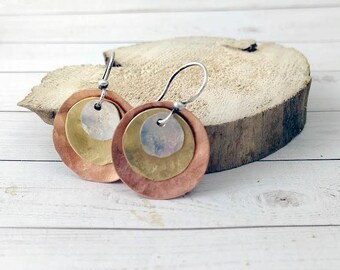 Sterling Silver Copper Brass Earrings Hammered Circles Mixed Metal Jewelry Geometric Dangle for Her Teacher Grandmother Under 30