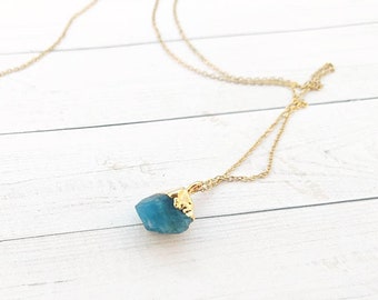 Blue Neon Apatite Necklace, Raw Natural Blue Stone Drop, Gold and Rough Cut Gemstone Layering Necklace, Motivational Jewelry