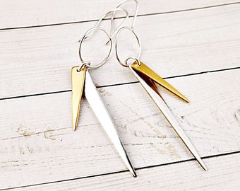 Silver and Gold Long Triangle Earrings, Geometric Mixed Metal Dangles, Sterling and Bronze Circle and Double Triangle Statement Earrings